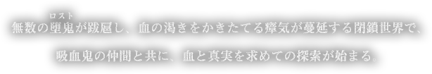 無数の堕鬼が跋扈し、血の渇きをかきたてる瘴気が蔓延する閉鎖世界で、吸血鬼の仲間と共に、血と真実を求めての探索が始まる。