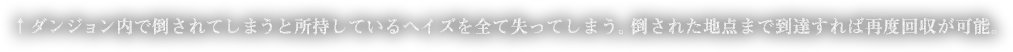 ダンジョン内で倒されてしまうと所持しているヘイズを全て失ってしまう。倒された地点まで到達すれば再度回収が可能。