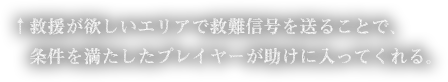 救援が欲しいエリアで救難信号を送ることで、条件を満たしたプレイヤーが助けに入ってくれる。