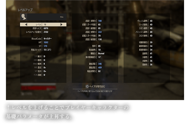 レベルを上げることでプレイヤーキャラクターの基礎パラメータが上昇する。