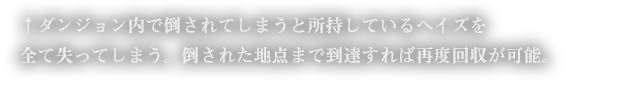 ダンジョン内で倒されてしまうと所持しているヘイズを全て失ってしまう。倒された地点まで到達すれば再度回収が可能。